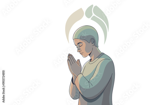 A serene young man prays with hands clasped, radiating faith.  A stylized, uplifting illustration with a soft, modern aesthetic. Perfect for spiritual or inspirational content.