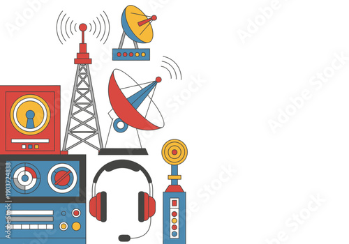 vibrant flat-design illustration showcases international radio equipment icons - microphones antennas receivers and headphones Bold colors and a modern style create a visually appealing graphic