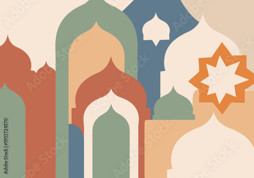 A vibrant geometric Ramadan poster featuring stylized arches and stars. Bold colors and modern design create a festive and eye-catching visual. Perfect for promotional materials.