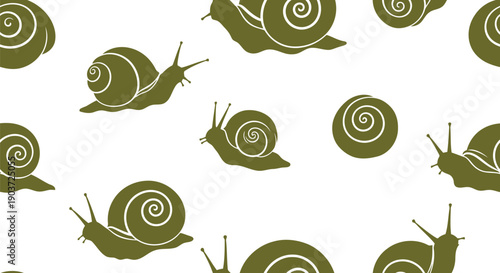 Seamless snail pattern vector clipart in olive green, minimalist animal background design