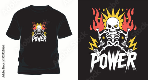 Skeleton holding fire grenades and lightning bolts with power text design for street wear tshirt apparel
