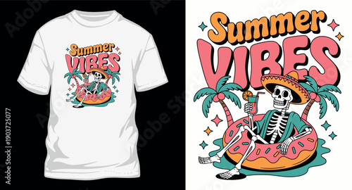 Summer vibes skeleton relaxing on donut floatie with tropical drink and palm trees tshirt graphic