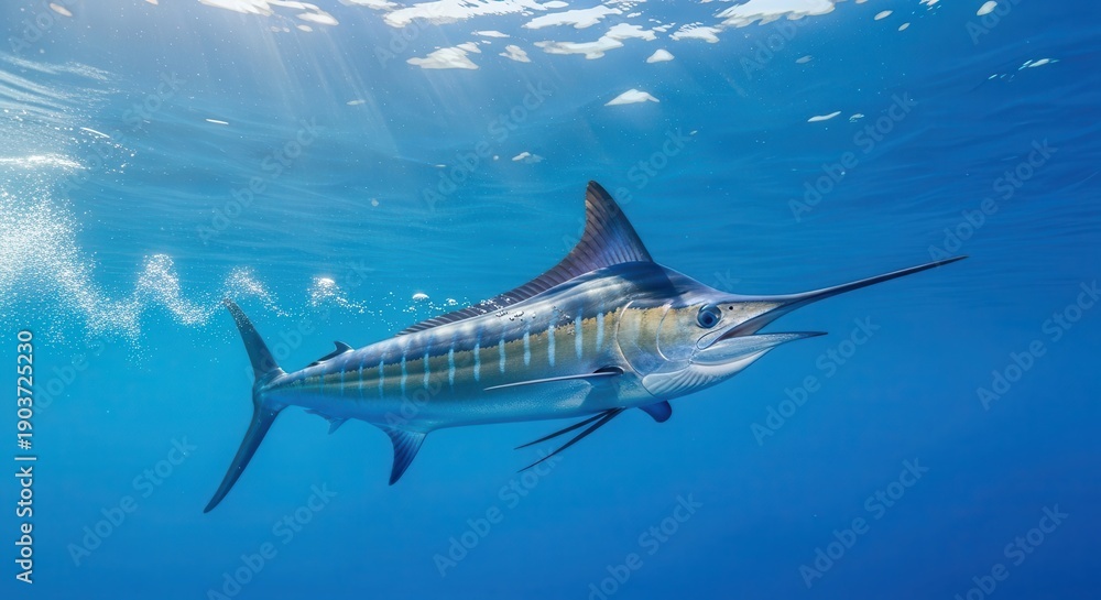 Fototapeta premium Large billfish swims just beneath the bright ocean surface surrounded by blue water
