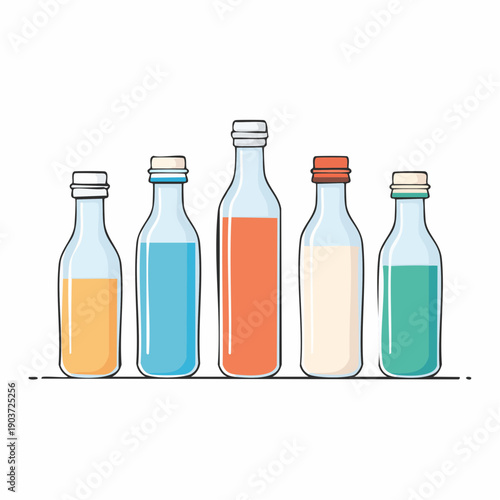 A collection of five distinct glass bottles, each containing various colorful liquids and sealed with unique caps, neatly arranged in a clean