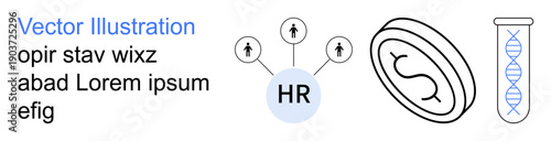 Business analytics, human resources, medical genetics, biotech, payroll systems, interconnected processes. Central HR icon linked with people, genetics symbol and finance icon. Human resources