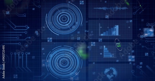 Displaying concentric HUD radar graphics pulsing at center on blue grid dashboard, with bar charts