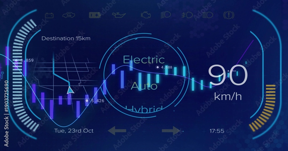 Fototapeta premium Displaying futuristic HUD in vehicle cockpit, showing 90 km or h speedometer and mode selector