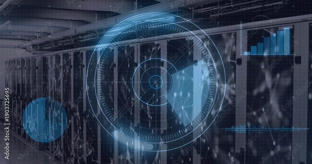 Fototapeta premium Displaying server racks with circular HUD overlay in data center corridor, showing LEDs