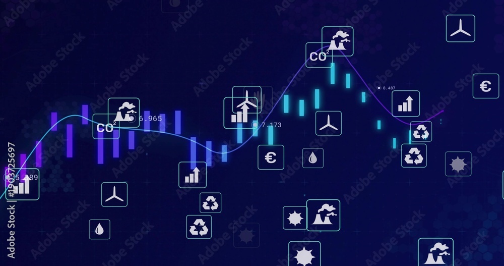 Obraz premium Displaying market energy chart on blue canvas, showing teal bars, two trend lines, icons, labels