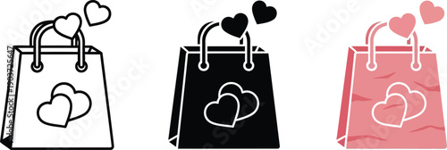 Collection of shopping bag icons with hearts representing love and gifts perfect for e-commerce and Valentines Day promotions