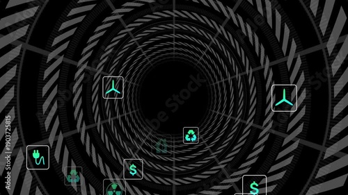 Initial teal plug appearing lower-left, teal icons emerging through tunnel and forming energy group