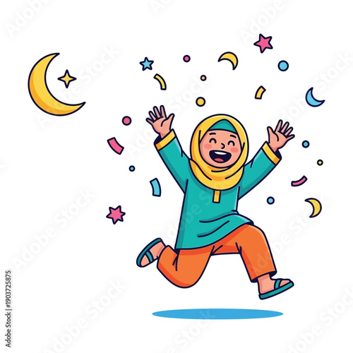 Joyful girl in hijab jumping with stars and moon in the air