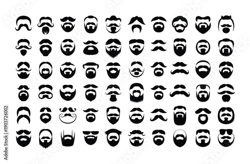 Collection of vector illustrations featuring diverse beard and mustache styles for men