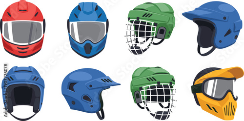 Sports Safety Helmet Vector Set with Motorcycle, Bike, and Protective Headgear Icons for Racing, Extreme Sports, Transport, and Graphic Designs.
