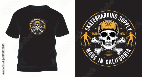 Skateboarding supply vintage emblem with skull and crossed bones in california street style