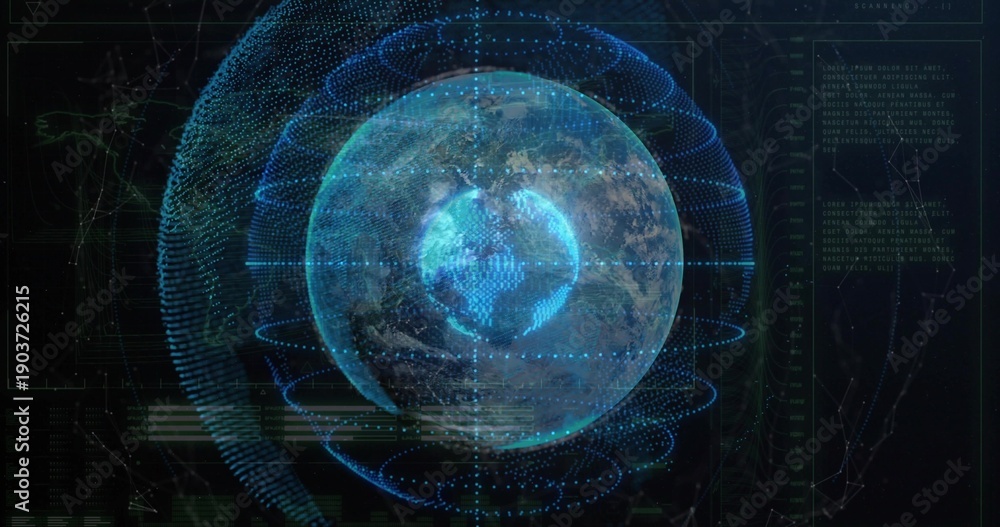 Fototapeta premium Rotating holographic Earth globe showing orbital rings and code panels in virtual control center