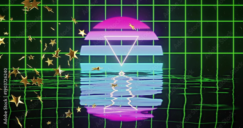 Fototapeta premium Glowing striped neon sun with inverted triangle mirroring on rippled sea on green grid, gold stars