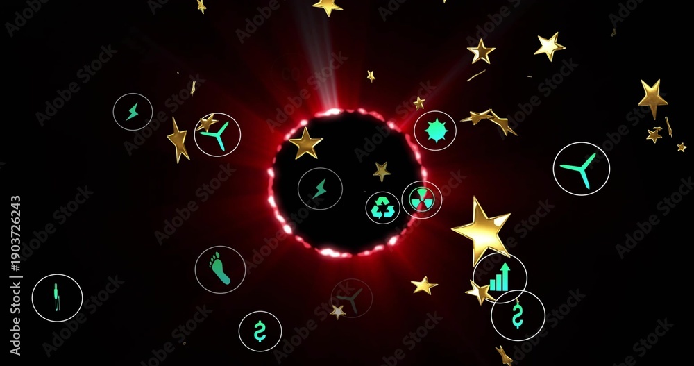 Fototapeta premium Radiating central black void with red ring in dark space, displaying teal icons and gold stars