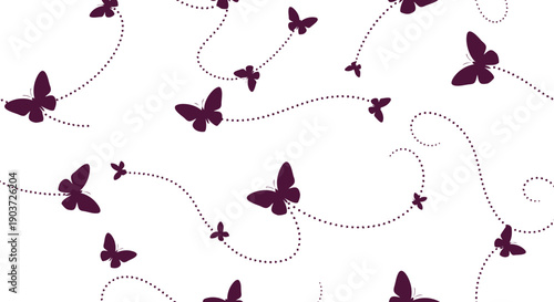 Butterfly vector clipart seamless pattern with flying silhouettes and dotted trails on white background