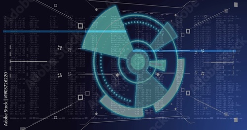 Displaying cyan or teal HUD rotating on dark blue control panel, with scan line and code columns