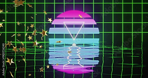 Glowing striped neon sun with inverted triangle mirroring on rippled sea on green grid, gold stars