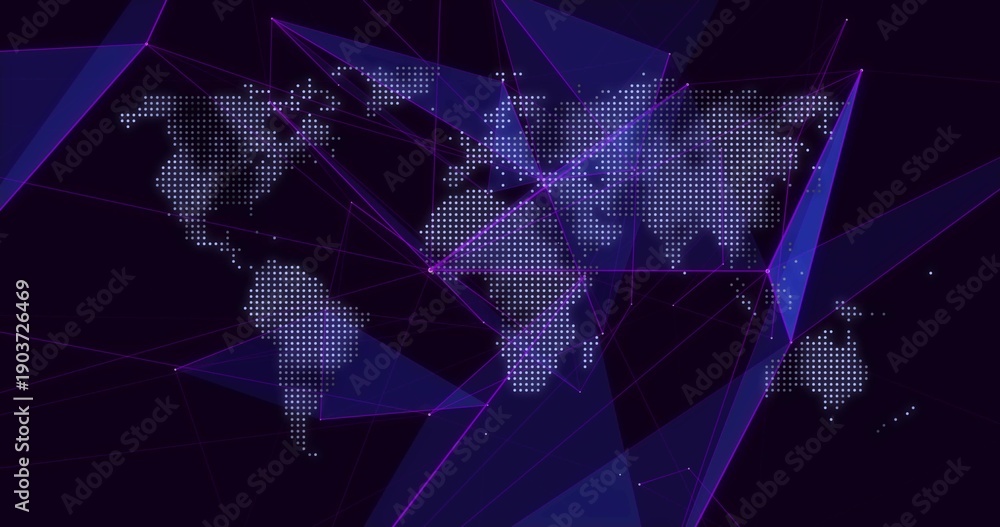 Naklejka premium Displaying dotted world map linking neon lines and triangles on indigo backdrop, glowing nodes
