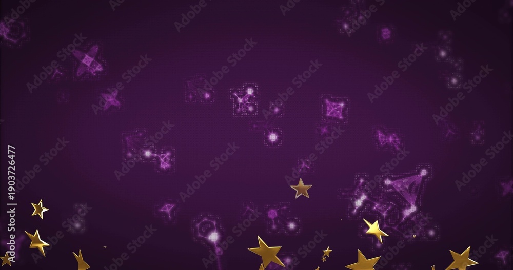 Fototapeta premium Floating metallic gold stars lining lower edge of digital wallpaper, with glowing polygon particles