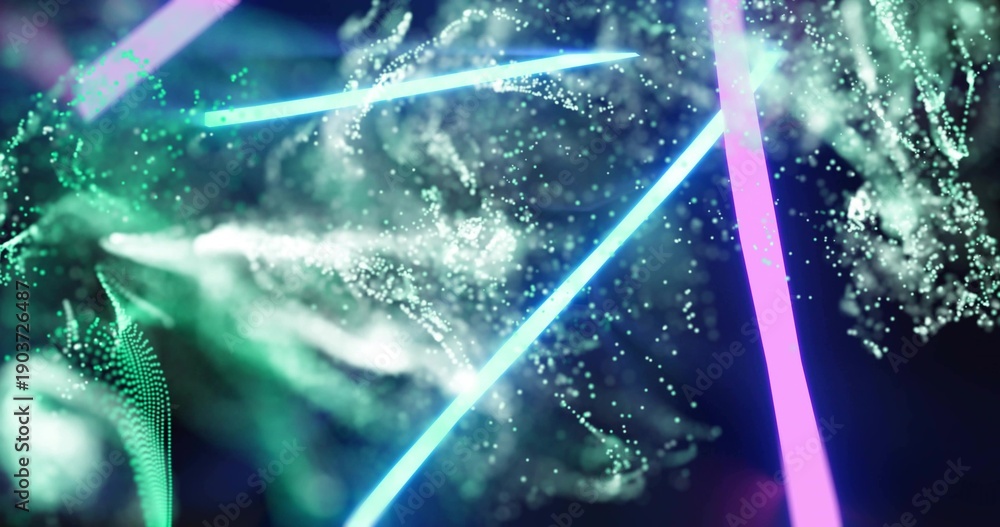 Fototapeta premium Glowing neon beams and particle mesh swirling in digital art, showing cyan diagonal, magenta beam