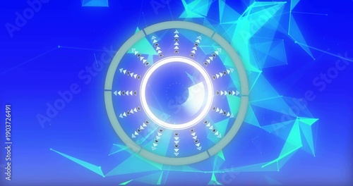 Radiating multi-ringed circular device glowing on deep blue gradient, with cyan low-poly network