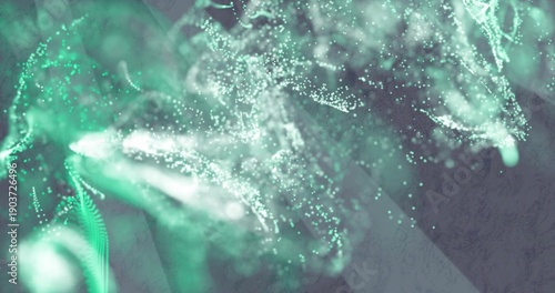Glowing teal particle cloud swirling across studio backdrop, with mint trails and soft bokeh