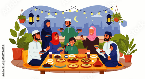 Flat vector illustration of Muslim family members gathered around the dining table enjoying traditional food together on the terrace, eating iftar or breaking the fast outdoors