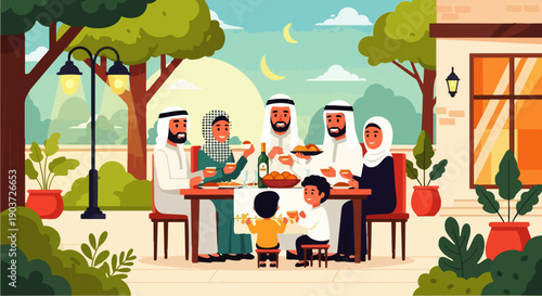 Flat vector illustration of Muslim family members gathered around the dining table enjoying traditional food together on the terrace, eating iftar or breaking the fast outdoors