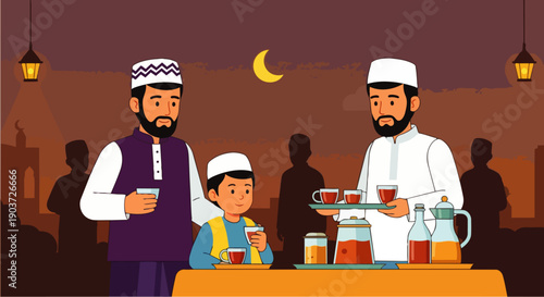 Flat vector illustration depicting a group of Muslims preparing iftar meals. Daily activities during Ramadan about Muslim activities.