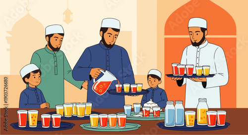 Flat vector illustration depicting a group of Muslims preparing iftar meals. Daily activities during Ramadan about Muslim activities.