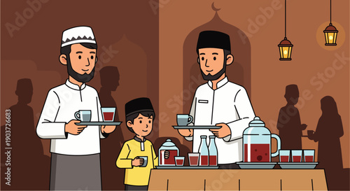 Flat vector illustration depicting a group of Muslims preparing iftar meals. Daily activities during Ramadan about Muslim activities.