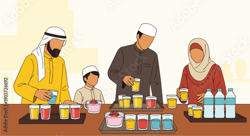 Flat vector illustration depicting a group of Muslims preparing iftar meals. Daily activities during Ramadan about Muslim activities.