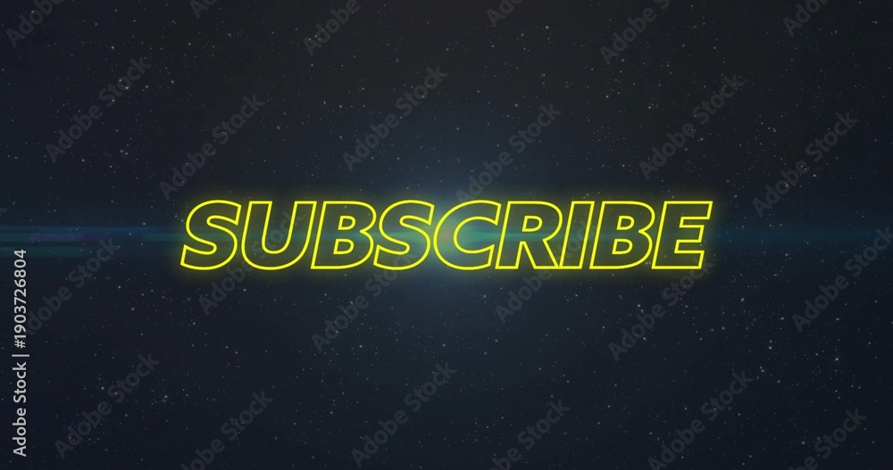Fototapeta premium Glowing SUBSCRIBE word centered, emitting neon-yellow glow and blue lens flare across starfield