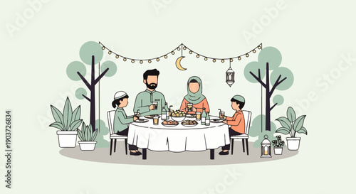 Flat vector illustration of Muslim family members gathered around the dining table enjoying traditional food together on the terrace, eating iftar or breaking the fast outdoors