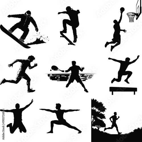 Collection of black silhouettes of people engaging in various sports