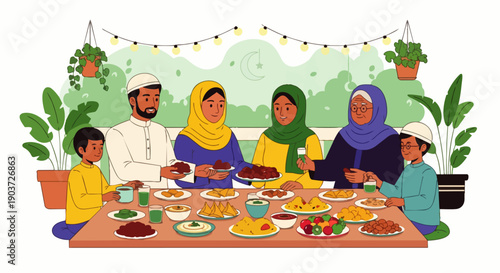 Flat vector illustration of Muslim family members gathered around the dining table enjoying traditional food together on the terrace, eating iftar or breaking the fast outdoors
