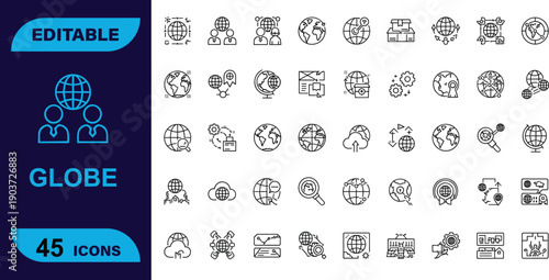 Editable globe and world icons representing global connection, travel, and international business with communication and network symbols