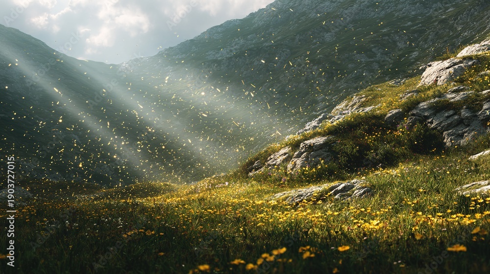 Obraz premium Sunlit Valley Scene: Sunbeams illuminate a tranquil mountain valley filled with lush green meadows, creating a scene of serenity and natural beauty.