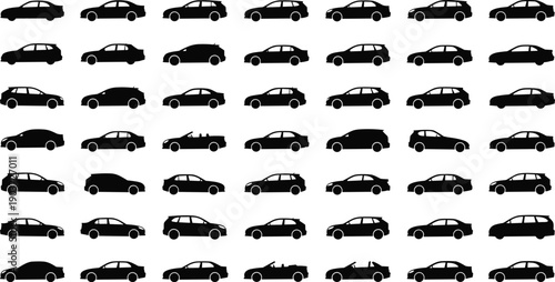 Car silhouette icon set, forty-nine diverse vehicle profiles including sedans hatchbacks SUVs convertibles and coupes, black vector illustration, automotive design and tr