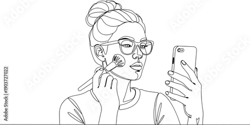 Continuous one line drawing of a beauty professional applying makeup, technology inspired beauty concept vector illustration
