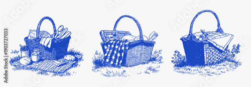 Vector picnic basket bread fruit blanket countryside lunch. Hand drawn outdoor food  in vintage blue crayon sketch. Illustration for family holidays, menus or packaging.