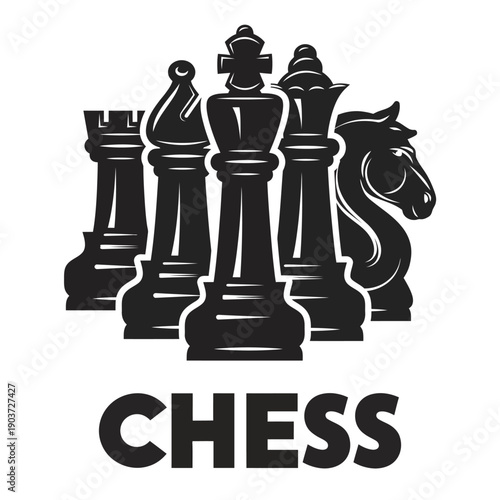 Black chess pieces arranged with the word chess underneath them