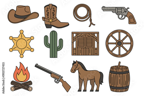 Western icons design showing cowboy equipment, desert cactus, horse figure, wagon wheel, campfire, gold rush elements.