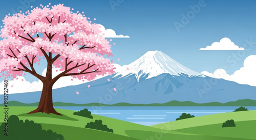 Blooming cherry tree by serene lake with snowy mountain