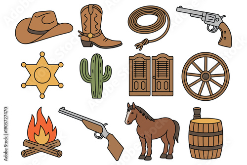 Western icons design showing cowboy equipment, desert cactus, horse figure, wagon wheel, campfire, gold rush elements.