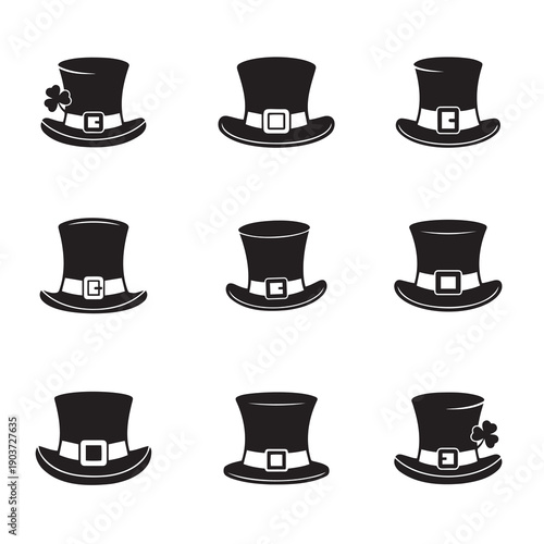Leprechaun hat silhouette icon set. St. Patrick's Day top hat with buckle and shamrock symbols. Irish costume vector signs.
